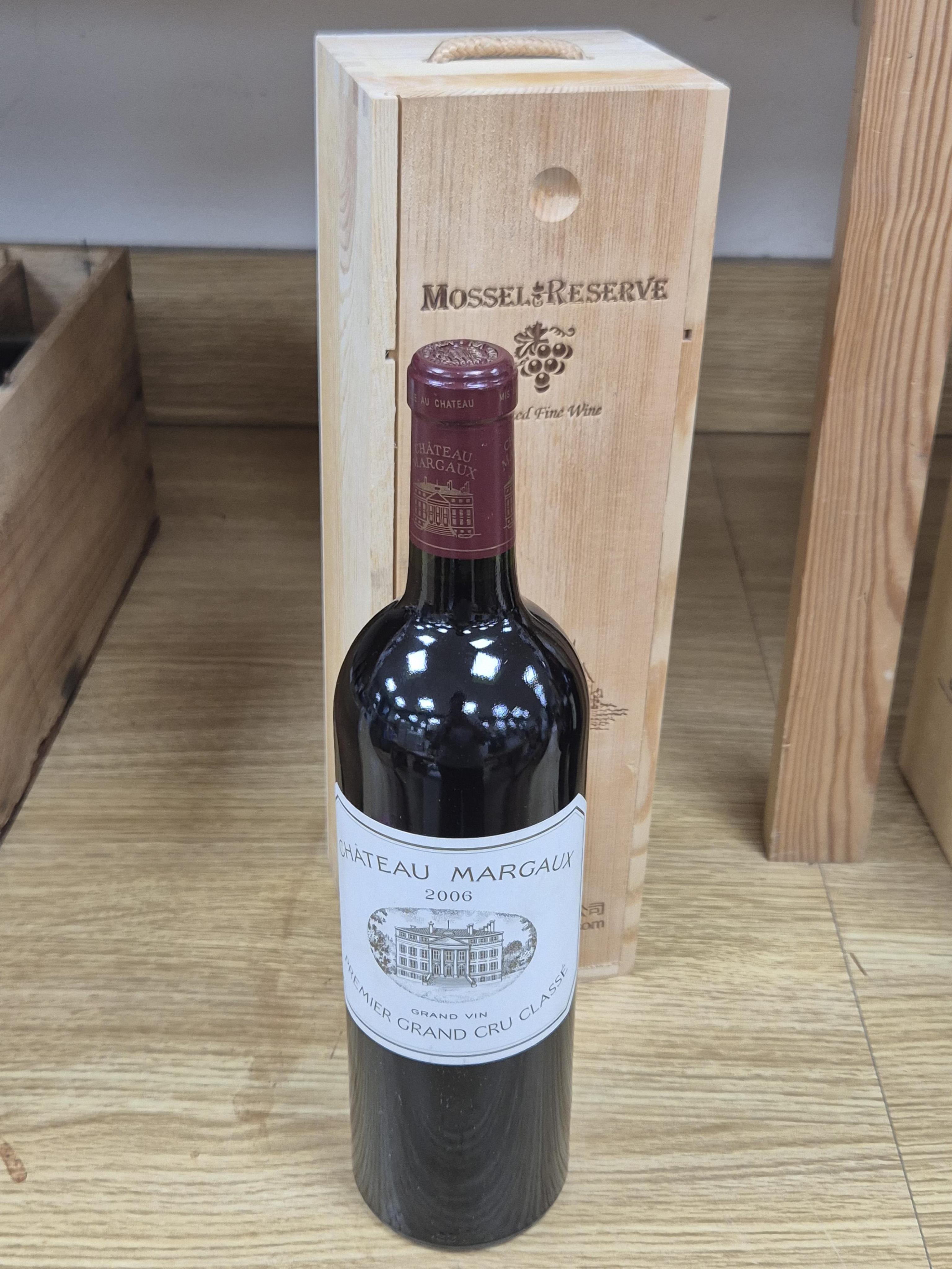 A bottle of Chateau Margaux Premier Grand Cru, 2006 and a bottle of Chateau Margaux Pavillion Rouge, 2005, latter cased